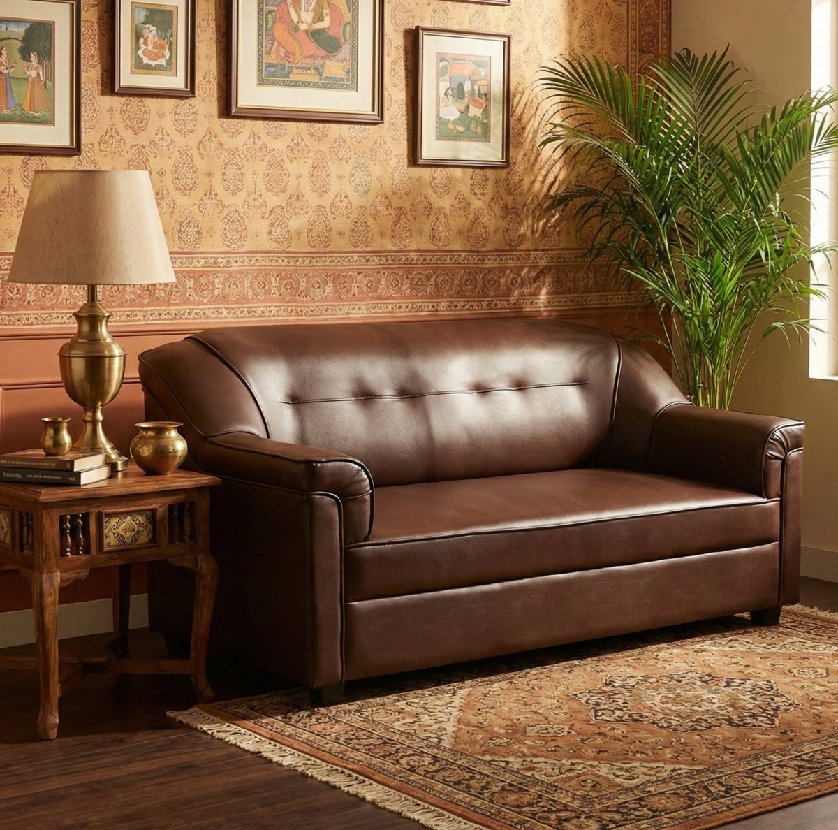 Premium Fabric 3-Seater Sofa with Wooden Accents