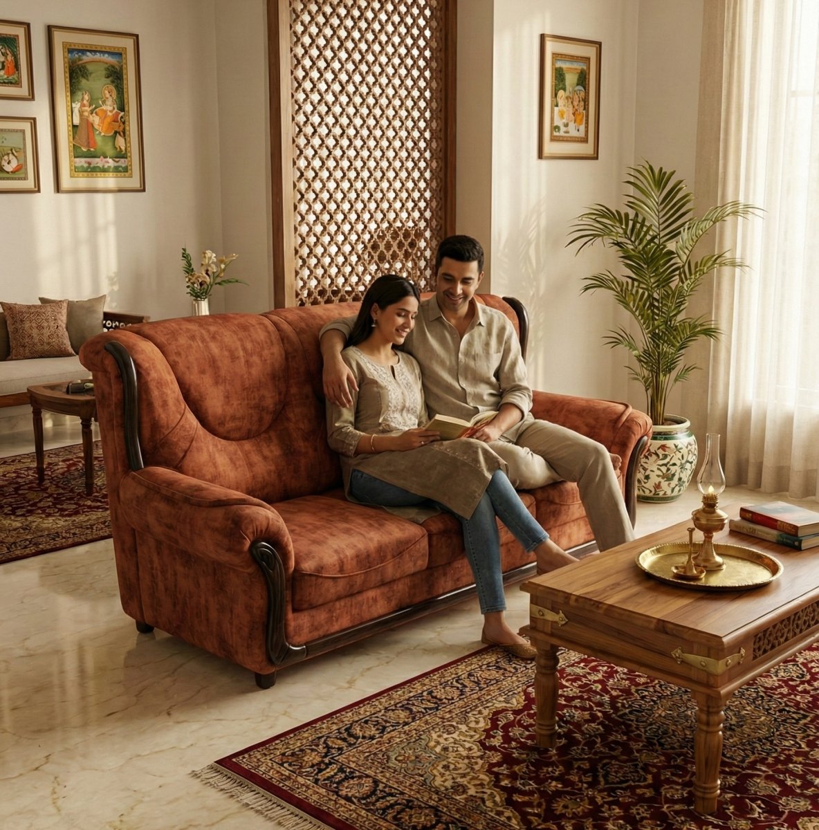 Premium Fabric 3-Seater Sofa with Wooden Accents - Image 2