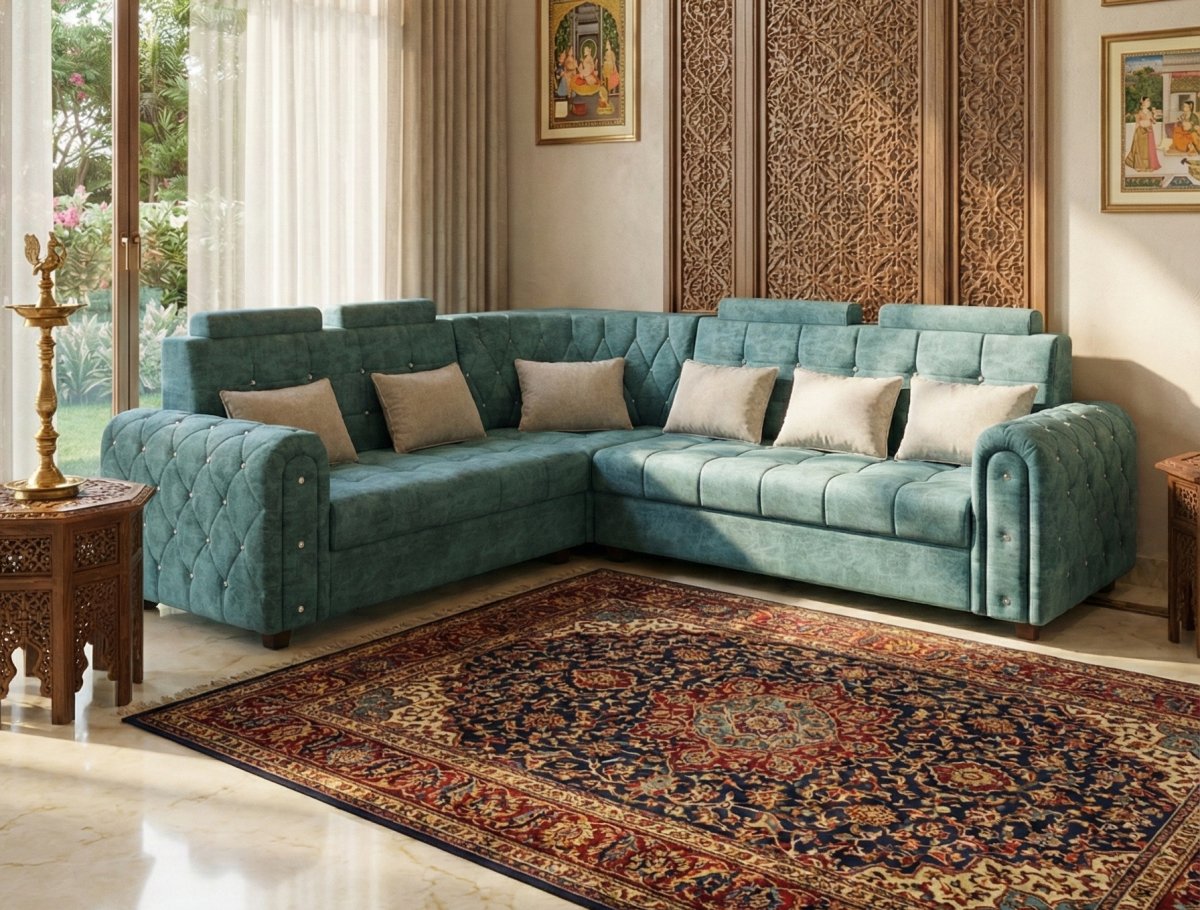 Luxury Teal Velvet L-Shape Sofa with Tufted Arms