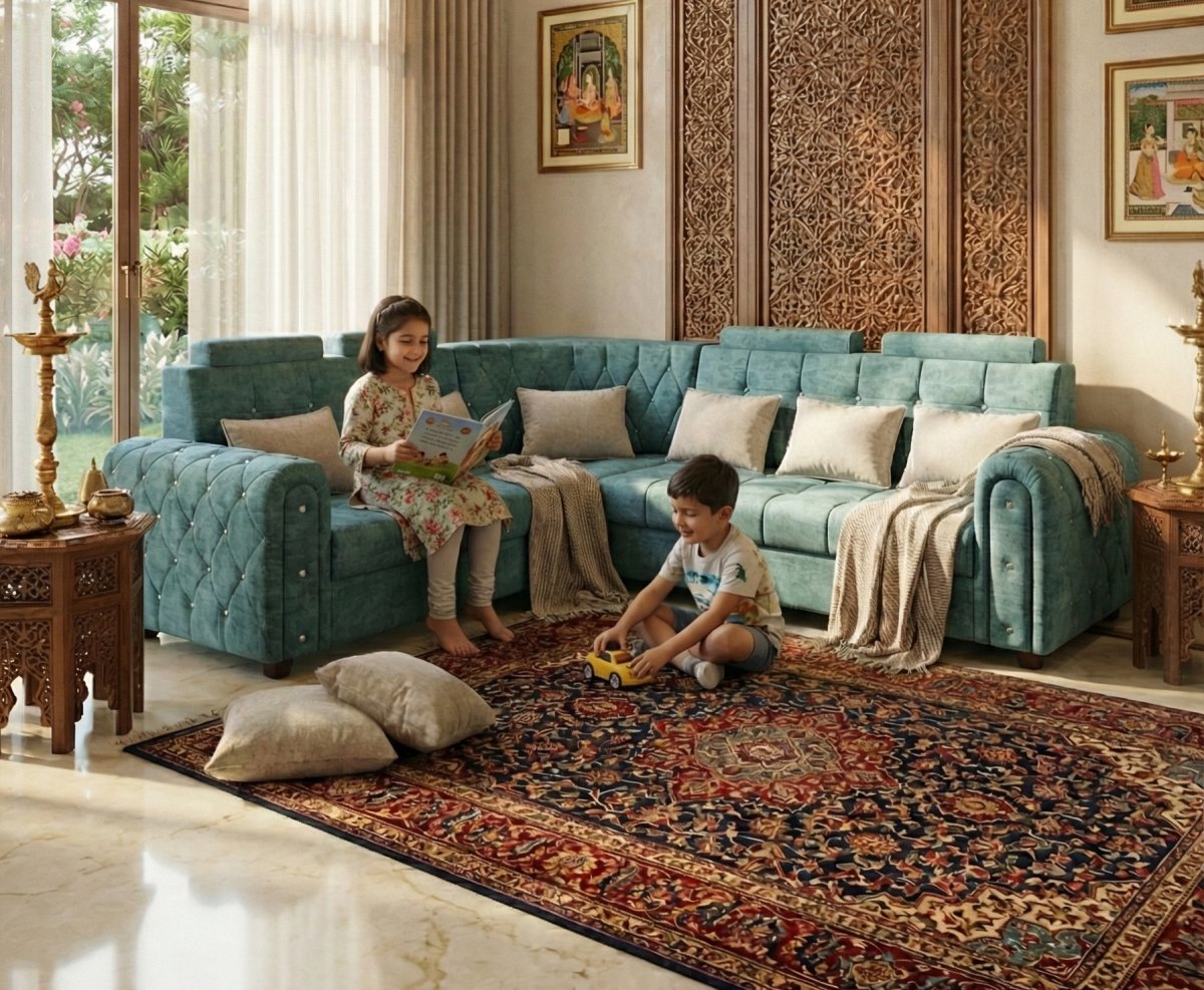 Luxury Teal Velvet L-Shape Sofa with Tufted Arms - Image 2