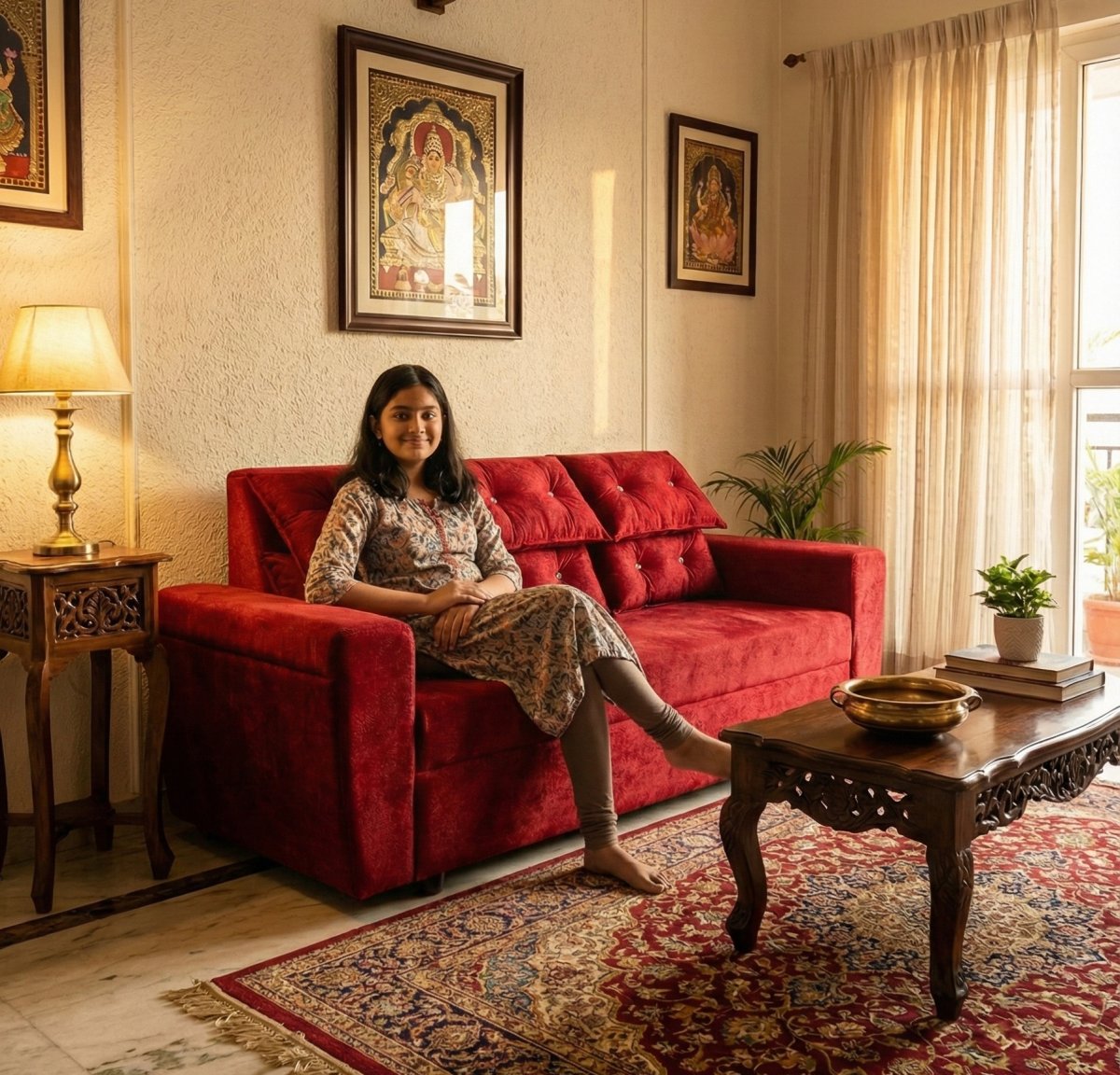 Luxury Red Velvet 3-Seater Sofa with Tufted Backrest - Image 2