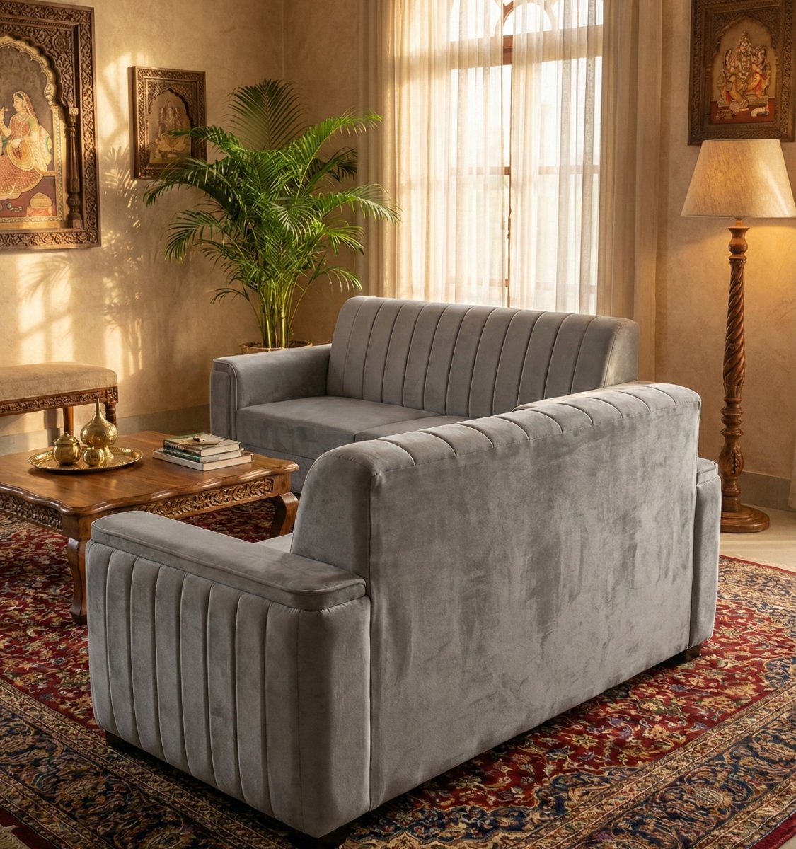 Premium Grey 3+1+1 Velvet Sofa Set with Vertical Tufted Design - Image 2