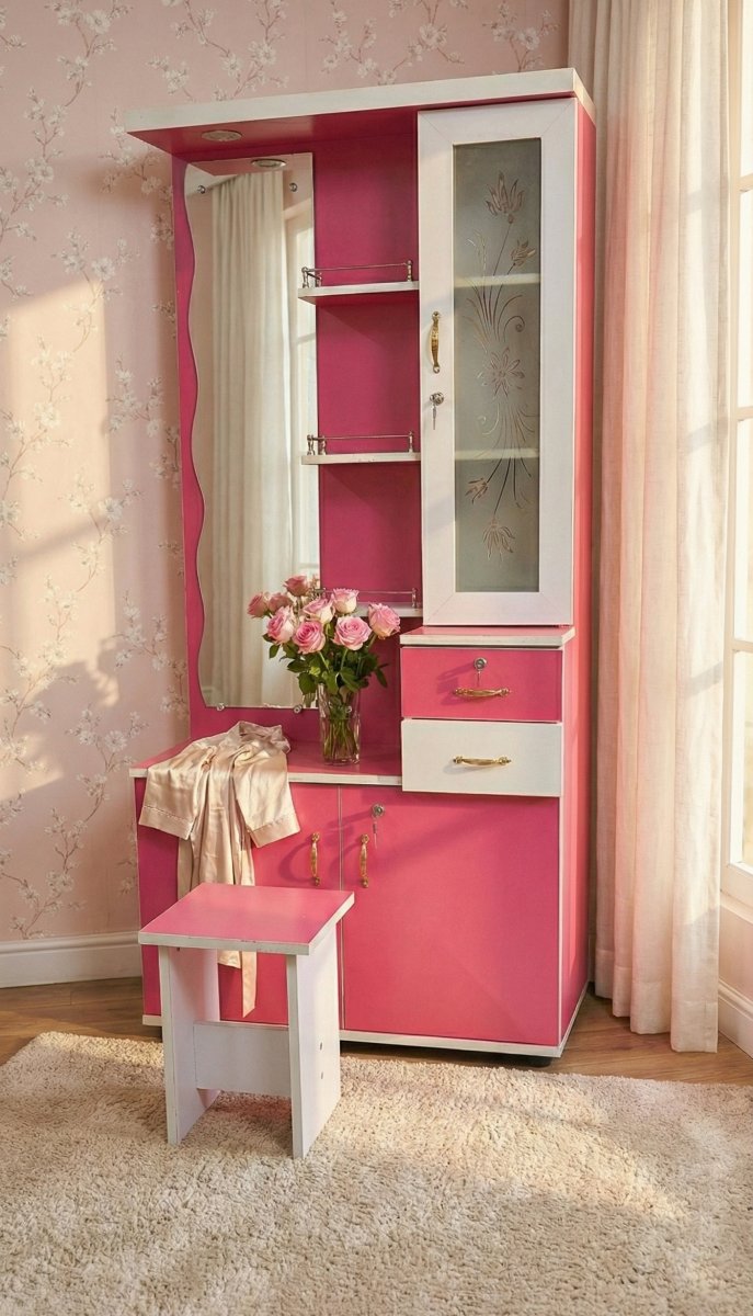 Premium Pink & White Dressing Table with Mirror and Stool