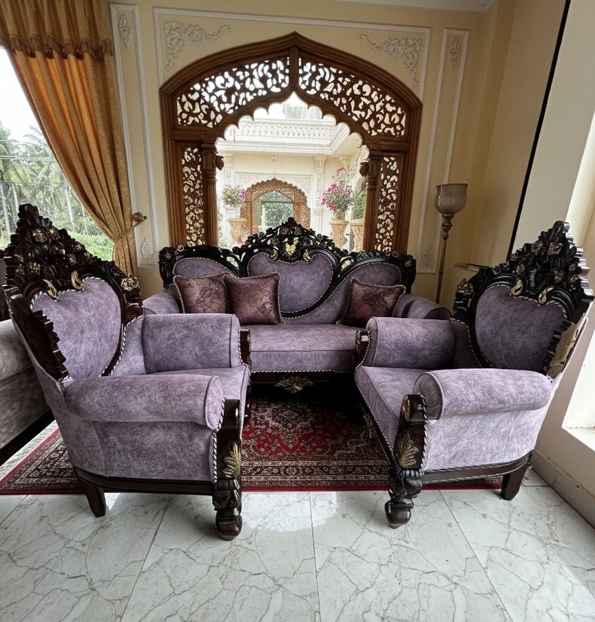 Royal Purple Velvet 3+1+1 Sofa Set with Hand-Carved Wooden Frame - Image 2
