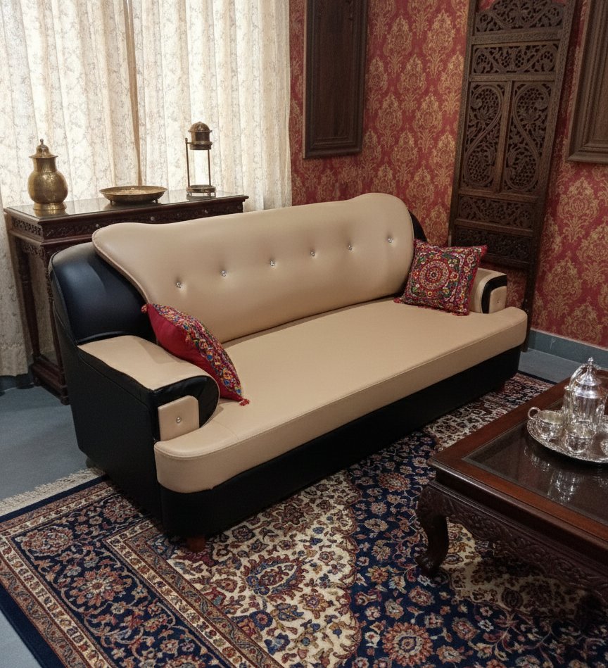 Premium Beige & Black Leatherette 3-Seater Sofa with Crystal-Tufted Backrest