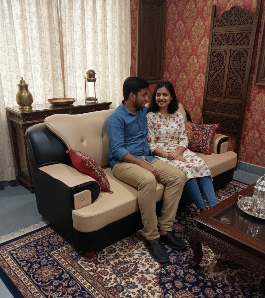 Premium Beige & Black Leatherette 3-Seater Sofa with Crystal-Tufted Backrest - Image 2