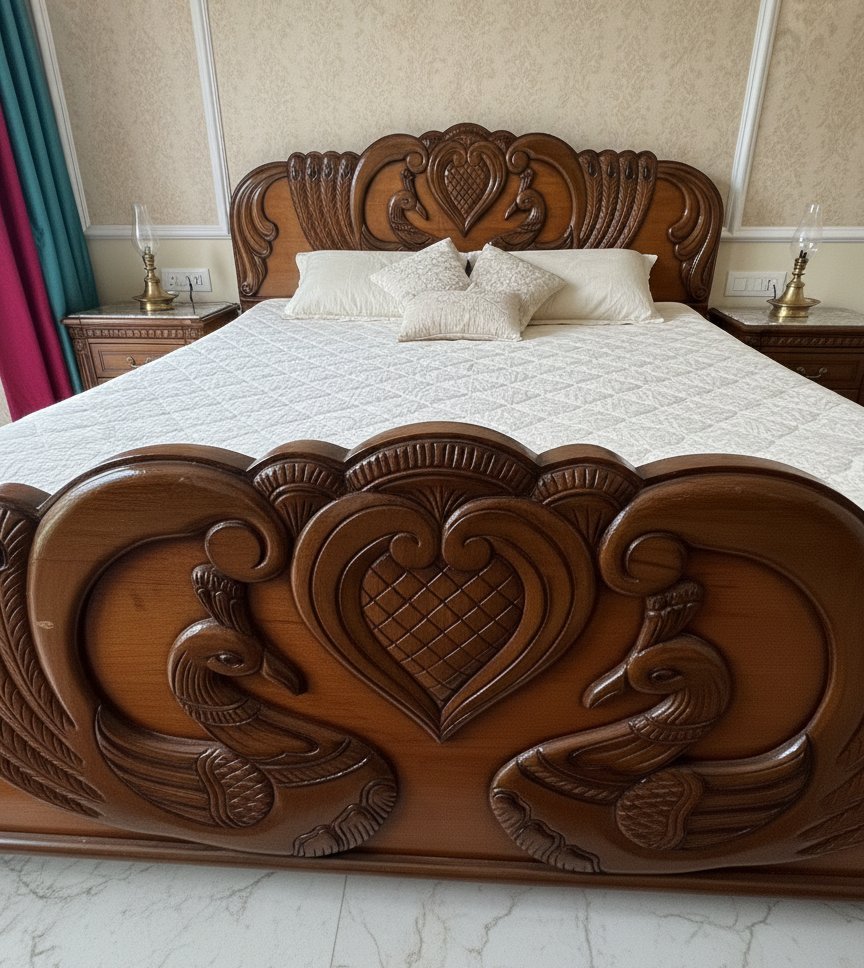 Royal Hand-Carved Solid Wood King Size Bed with Peacock & Floral Motifs - Image 5