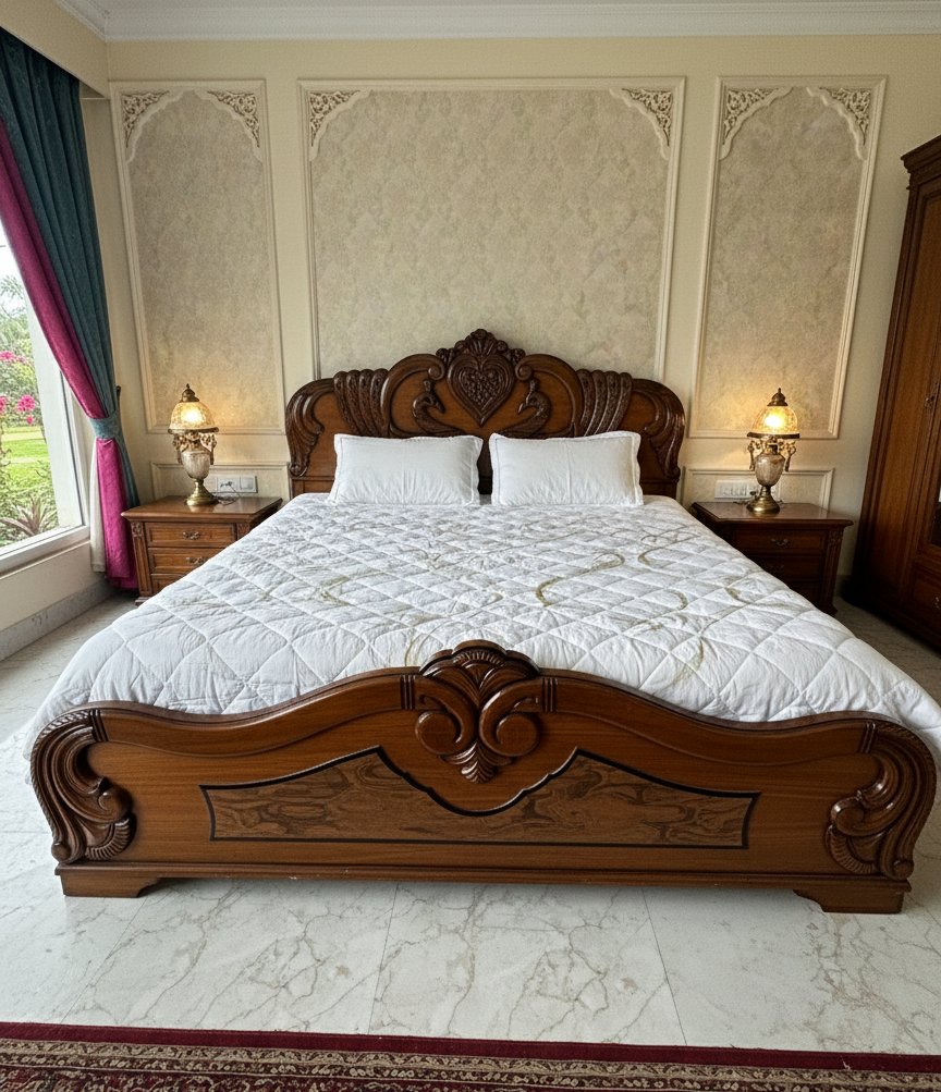 Royal Hand-Carved Solid Wood King Size Bed with Classic Scroll Design - Image 2