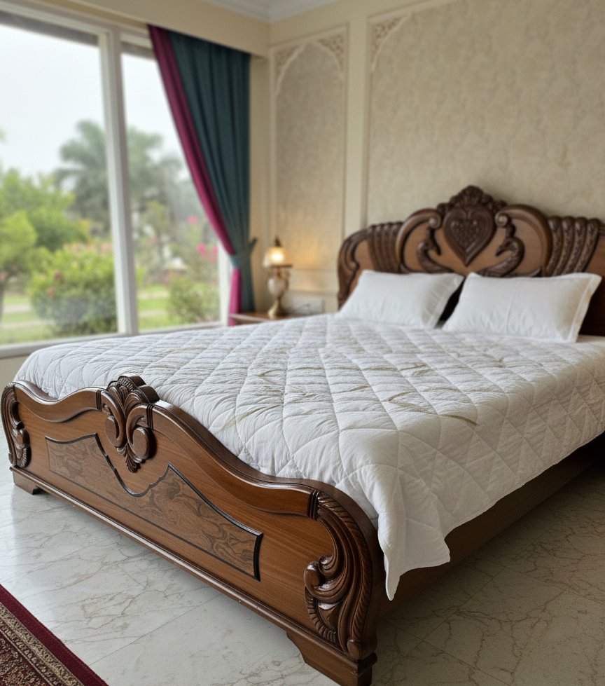 Royal Hand-Carved Solid Wood King Size Bed with Classic Scroll Design - Image 3