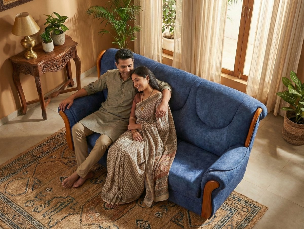 Royal Blue Fabric 3-Seater Sofa with Premium Wooden Arm Accents - Image 3