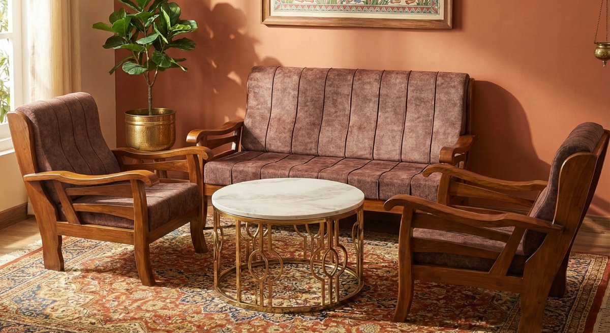 Premium Wooden Sofa Set (3+1+1) with Cushioned Seating & Marble-Top Center Table - Image 2