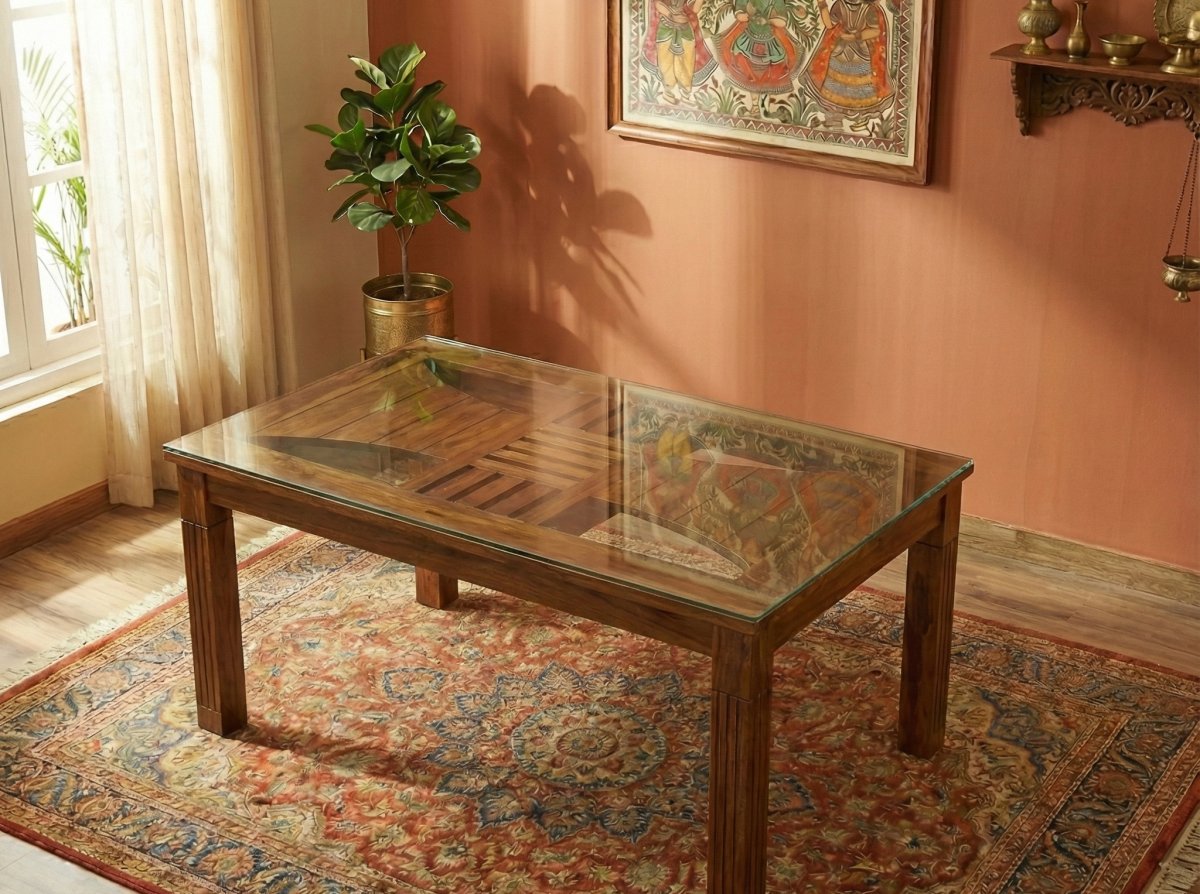 6-Seater Premium Wooden Dining Table Set with Glass Top – Teak Finish - Image 2