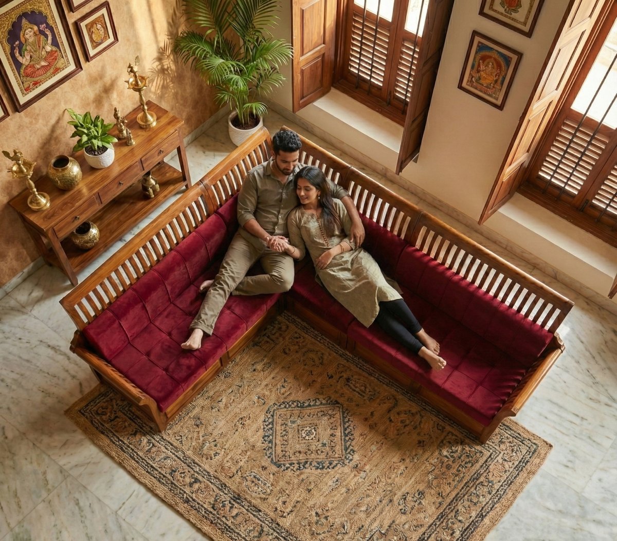 Premium Solid Wood L-Shaped Sofa Set with Maroon Tufted Cushions (3+2 Seater) - Image 3