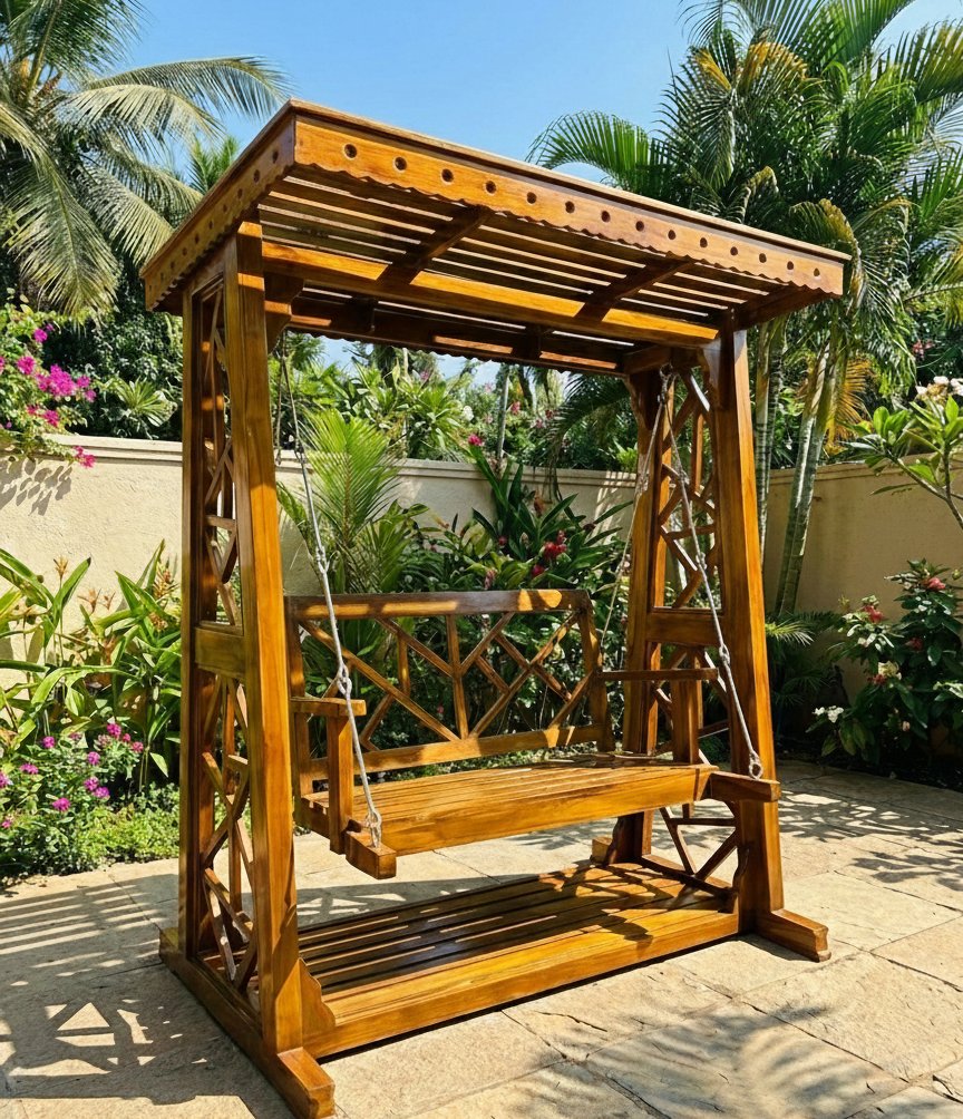 Premium Solid Wood Outdoor & Indoor Swing (Jhula) with Carved Roof and Heavy Chains - Image 2