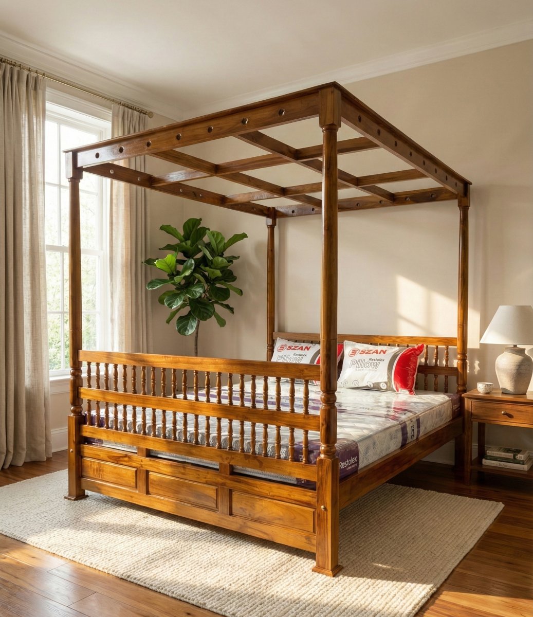 Premium Solid Wood Four-Poster King Size Bed (Canopy Bed) – Handcrafted Classic Design - Image 3