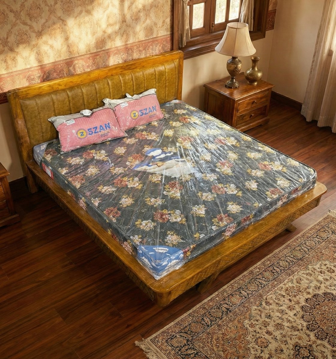 Premium Upholstered Wooden King Size Bed with Diamond-Cut Base Design - Image 2